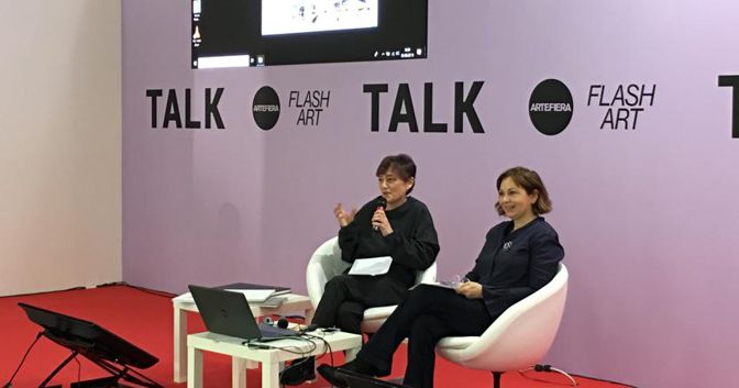 Elena Re ed Enrica Acuto Jacobacci durante il talk “Arte e Proprietà Intellettuale”, Arte Fiera 2019