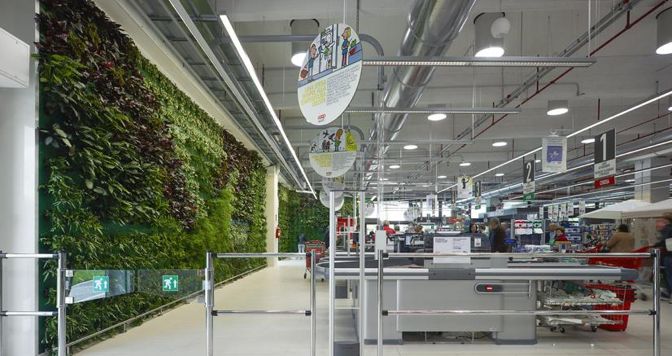 L’interno della Coop di Formigine (Modena) valorizza pareti verdi e luce naturale