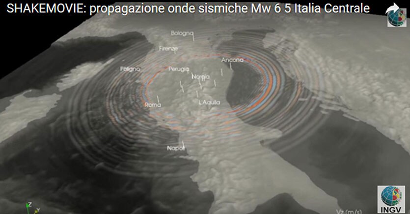Un fermo immagine tratto da un video dell'Ingv nostra la propagazione delle onde sismiche (Ansa)