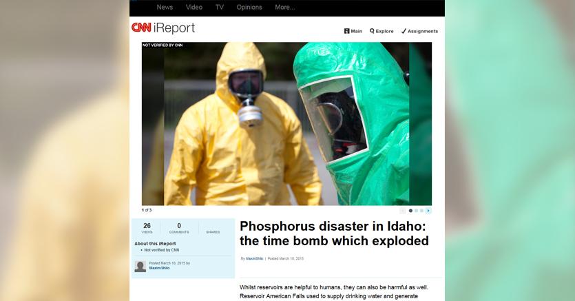 Uno screenshot della pagina di citizen-journalism iReport di Cnn riporta una storia falsa su una bomba al fosforo in Idaho