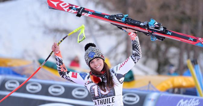 L'atleta del Liechtenstein, Tina Weirather, vincitrice nella prova del Super G di La Thuile, valido per la Coppa del Mondo di sci alpino (Ansa)