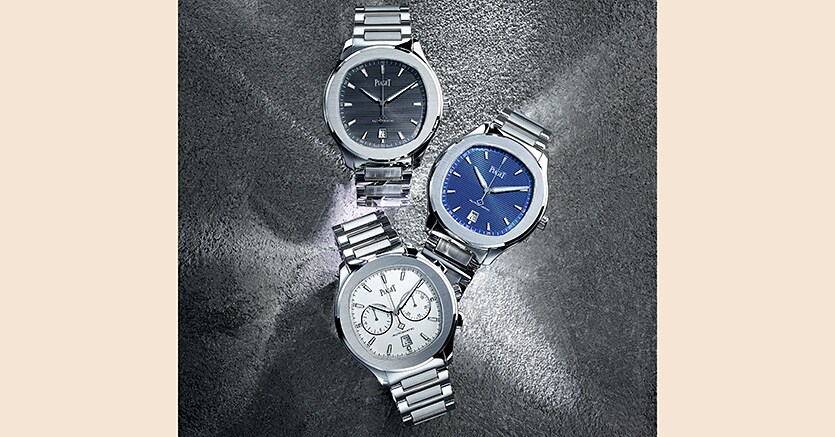 Il Piaget Polo S in acciaio (nella foto in tre versioni) si rivolge agli appassionati di orologi più giovani. I prezzi: le versioni solo tempo con data da 11.100 euro, il cronografo da 14.800