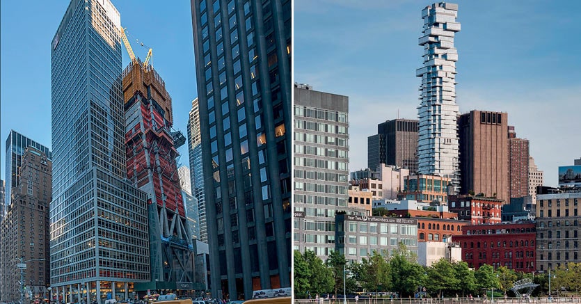 Grandi cantieri, grandi commesse. C’ molto arredo italiano nei nuovi grattacieli di New York (come quello di Molteni&C nella torre 53W53, detta MoMa Tower, di Jean Nouvel, a sinistra, e nel building 56, Leonard Street di Manhattan firmato da Herzog & de Meuron, a destra) 