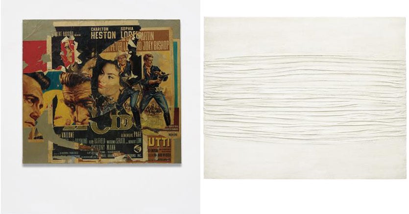 Mimmo Rotella, Untitled, 1964, décollage on burlap; estimate £ 400,000-600,000, sold for £ 1,082,500 (courtesy of Phillips). Piero Manzoni, Achrome, 1958, kaolin on canvas; estimate £ 5,000,000-7,000,000, sold for £ 5,570,500 (courtesy of Phillips)