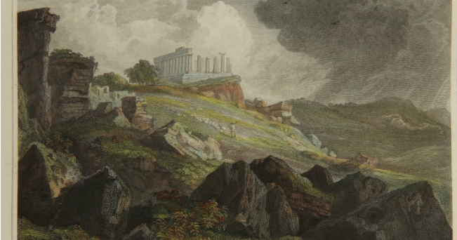 Peter De Wint (Stone, 1784-Londra, 1849).Temple of Juno, Girgenti1821. Acquaforte colorata all'acquarello (ph D'Aguanno / Civita Sicilia) 