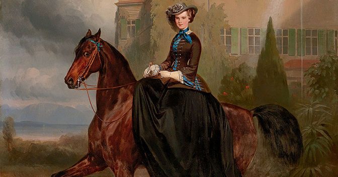 Grande olio su tela, 128x108 cm, di Carlo Theodor von Piloty e Franz Adam del 1853, Elisabetta d'Austria, la futura sposa a cavallo di fronte al Castello Possenhofen, stima 300-400mila euro realizzo 1.540.000 euro 