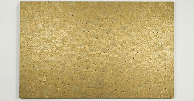 “Extra Profondo Oro” di Flavio Favelli vincitore del Concorso Icona 2017, attribuito dalla Commissione ICONA. Collage di carte di cioccolatini su pannello presentato dalla galleria Studio Sales di Norberto Ruggeri, Roma 
