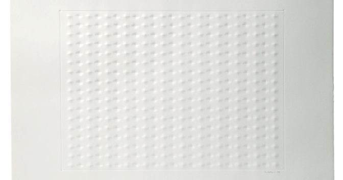 1572; Enrico Castellani; Senza titolo (Superficie blu), 1967; Acrilico su carta a rilievo, 68.8 x 51.7 cm; Courtesy Collezione Ramo; Photo: Paolo Vandrasch; © Fondazione Enrico Castellani 