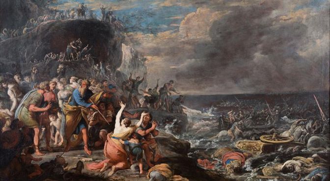 Domenico Gargiulo detto Micco Spadaro (1610-1675) (Lot. 246 Asta 86 – Dipinti antichi, dipinti e sculture del XIX XX secolo 16 Maggio 2018). Mosé guida il popolo d'Israele al passaggio del Mar Rosso. Olio su tela. cm 88x137. Stima: € 50.000 – 70.000. Aggiudicato: € 66.960,00 