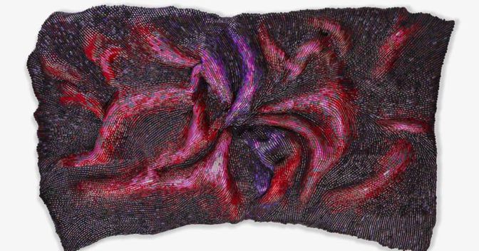 Frances Goodman Roiling Red, 2018 Wood, fibreglass, polyurethane foam, silicone glue, and acrylic false nails 153x254x28cm Courtesy of the artist and SMAC Gallery 