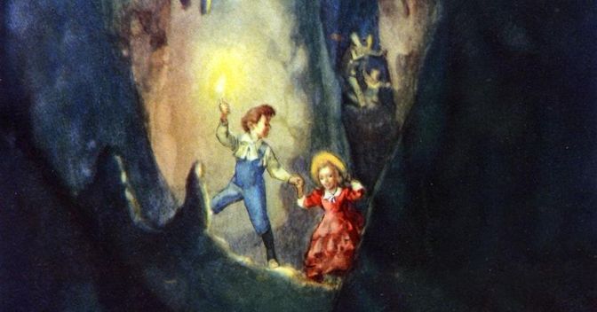 Tom Saywer conduce la sua fidanzatina Becky nella grotta dove poi troveranno il cadavere di Joe l’Indiano. Ilustrazione di Libico Maraja (1912-1983) tratta dall’edizione Fabbri del 1955 circa 