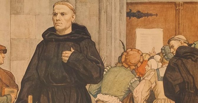 Martin Lutero (1483-1546) di fronte al portale della chiesa di Wittenberg in un'illustrazione di Arthur Kampf del 1936 