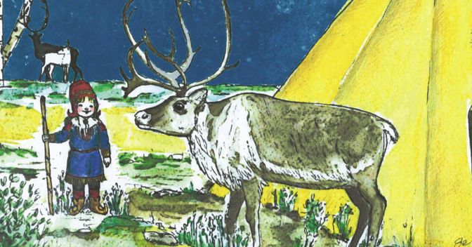 . Nel disegno di Elena Putignano Aili è calza i tradizionali stivali a punta e con la sua renna sta vicino a una tenda estiva 