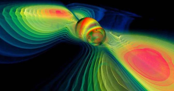 Le onde gravitazionali generate dalla collisione fra due buchi neri. (Ansa/Werner Benger) 