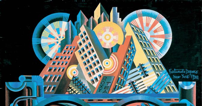  | «Grattacieli e tunnel», paesaggio urbano in stile futurista dipinto da Fortunato Depero nel 1930 (Rovereto, Casa d'Arte Futurista Fortunato Depero).  