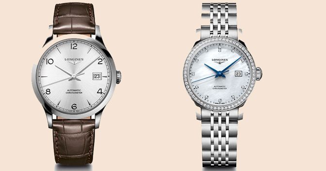 Da sinistra: il Longines Record da uomo, con cassa di 40 mm, dotato di movimento automatico certificato Cosc (2.040 euro) e il Record da donna (30 mm) in acciaio e diamanti, con quadrante in madreperla (4.370 euro) 