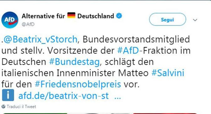 Il tweet dell’account di Alternativa per la Germania  