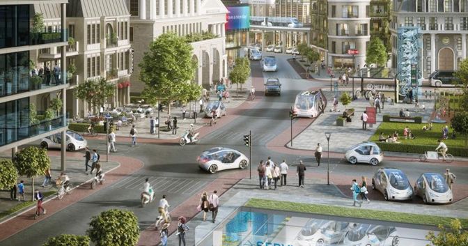 Auto connesse, servizi digitali e guida automatizzata cambiano la mobilità urbana. Nell’immagine un disegno di come Bosch immagina il futuro  
