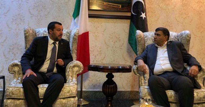 Matteo Salvini ha incontrato a Tripoli il ministro dell'Interno libico Abdulsalam Ashour. (Ansa)  