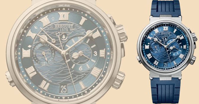 Breguet Marine Gmt con allarme, con cassa in oro bianco 18 carati e cinturino in caucciù. Il prezzo è di 39.400 euro 