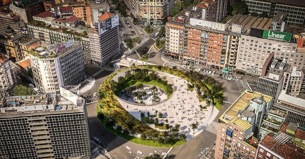 Rendering del progetto «La via del nord-est di Milano. Da San Babila a via Padova, un grande progetto di riqualificazione lungo 6 km»; nella foto Piazzale Loreto (Agf) 