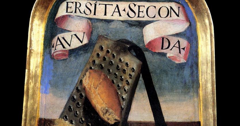 Accademia della Crusca. La pala di Bastiano Antinori, detto il Grattugiato, accademico dal 1586 raffigura un panino sulla grattugia. Il suo motto è «Avversità seconda» (Giovanni Della Casa, Canzone 2)
