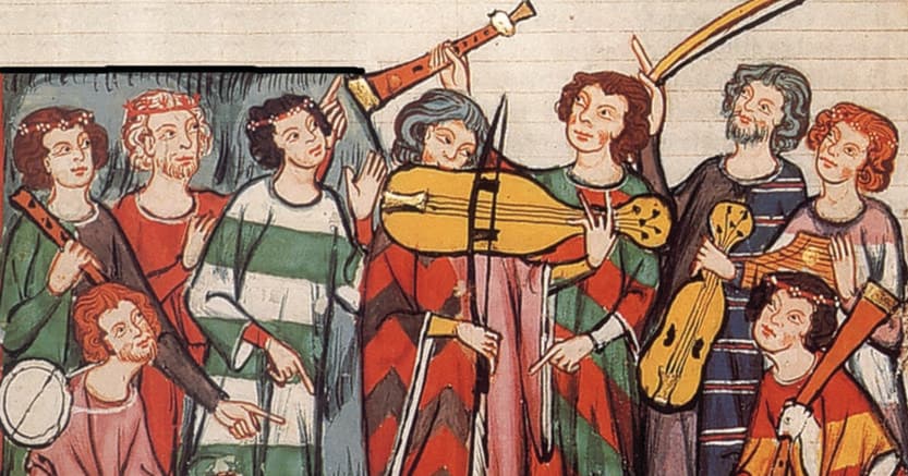 Maestro del Codex Manesse, «Poeti trovatori» (particolare), miniatura (1305-1340), Heidelberg, Biblioteca Universitaria,(Cod. Pal. germ. 848, fol. 399r)
