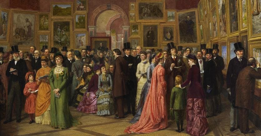 William Powell Frith, A Private View at the Royal Academy, 1881, 1883, Oil on canvas, 102.9 x 195.6 cm, A Pope Family Trust, courtesy Martin Beisly