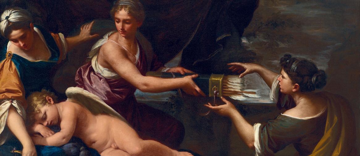 Lorenzo Pasinelli, Bologna, 1629 - 1700 - Amore disarmato dalle ninfe di Diana - Olio su tela, cm 147x218
