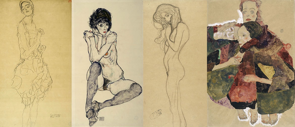 Da sinistra: Gustav Klimt, Study for ‘The Dancer' (‘Ria Munk II'), 1916-17; Egon Schiele, Seated Female Nude, Elbows Resting on Right Knee, 1914; Gustav Klimt, Standing Female Nude (Study for the Three Gorgons, ‘Beethoven Frieze'), 1901; Egon Schiele, Group of Three Girls, 1911. (Exhibition organised by the Royal Academy of Arts, London and the Albertina Museum, Vienna)