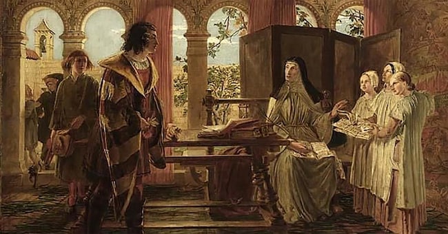  William Bell Scott raffigura la visita che Giovanni Boccaccio avrebbe fatto nel 1350 a Ravenna a suor Beatrice (al secolo Antonia Alighieri), figlia di Dante