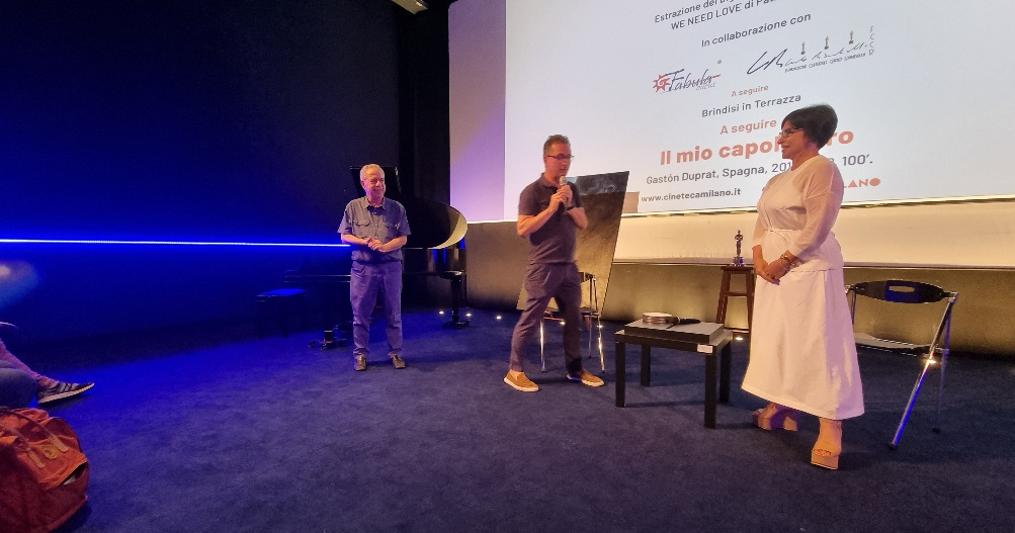 Da destra a sinistra Daniela Rambaldi, Matteo Pavesi e Vince Tempera alla Cineteca Milano Mic, 30 giugno 2022 