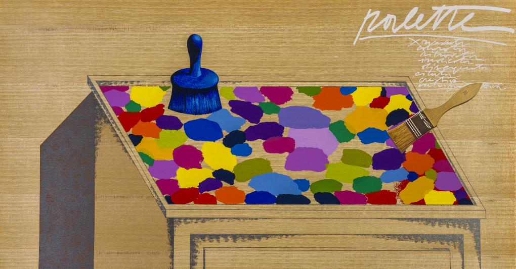 Concetto Pozzati, Senza titolo, serigrafia e collage su cartoncino. Opera acquistabile partecipando a un'asta di beneficenza in favore della popolazione ucraina. 