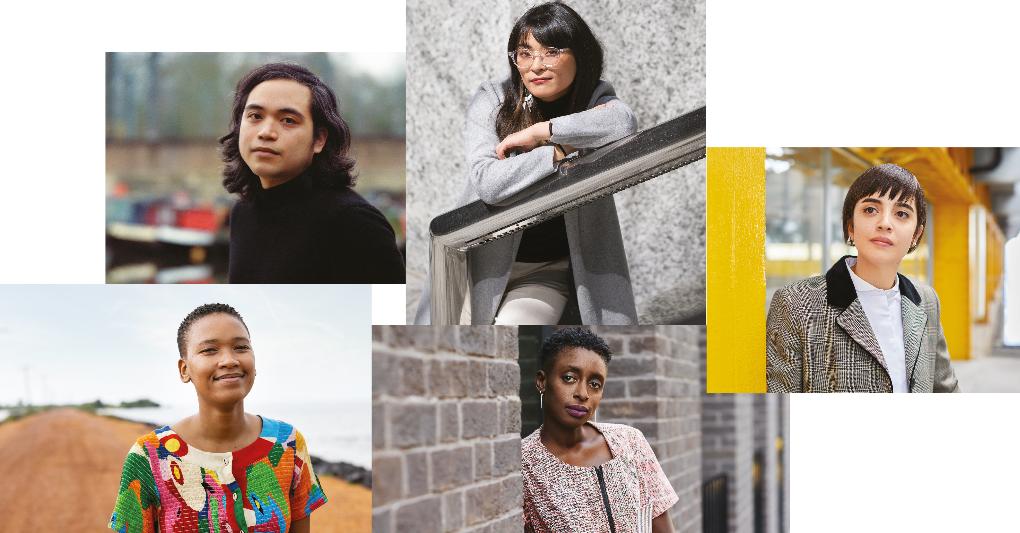 Da sinistra in senso orario, il giovane regista filippino Rafael Manuel; la musicista di modern jazz sudcoreana Song Yi Jeon; l'architetto e designer Arine Aprahamian di origine libanese-armena; Ayesha Harruna Attah, scrittrice ghanese; l'artista visiva sudafricana Bronwyn Katz. 