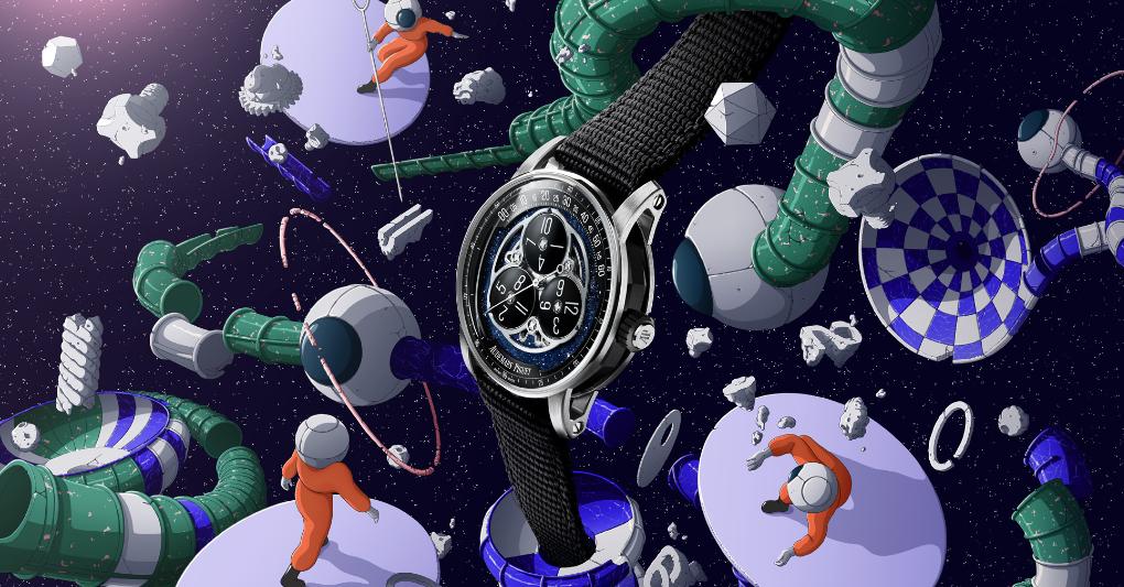 Il Code 11.59 by Audemars Piguet Starwheel ha la lunetta e il fondello in oro bianco, la carrure e la corona in ceramica nera, e il movimento meccanico a carica automatica con complicazione delle ore erranti. Cinturino in caucciù nero con fibbia in oro. Prezzo su richiesta. 