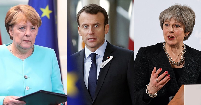 Angela Merkel, Emmanuel Macron e Theresa May