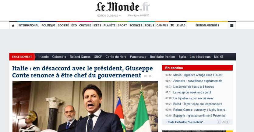 Le Monde apre l’edizione online con Giuseppe Conte e la crisi istituzionale italiana