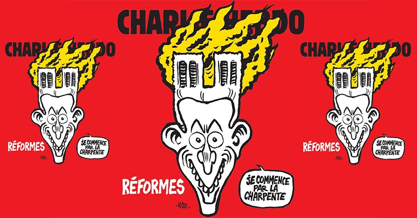 Notre-Dame, la copertina di Charlie Hebdo: incendio sulla testa di Macron Notre-Dame, la copertina di Charlie Hebdo: incendio sulla testa di Macron