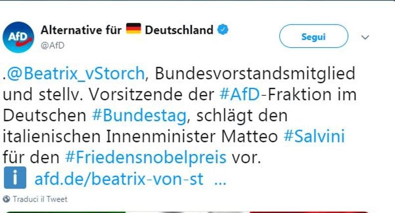 Il tweet dell’account di Alternativa per la Germania 