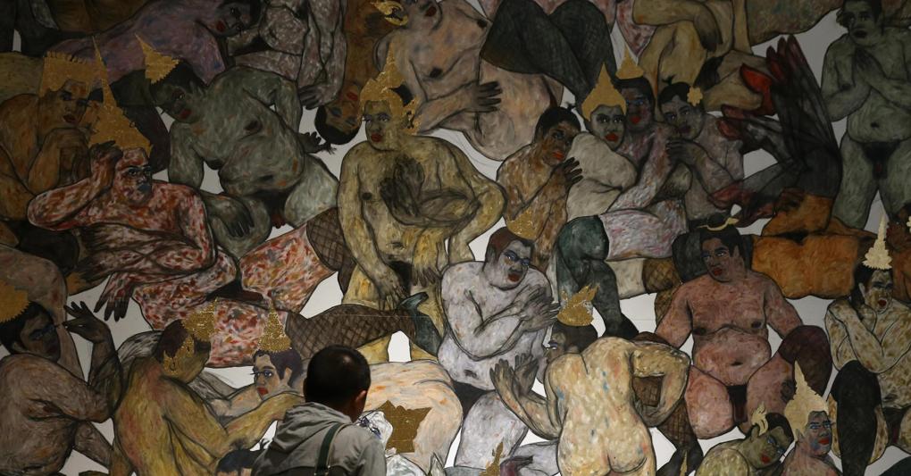L’opera “No Strangers?” dell’artista tailandese Anuwat Apimukmongkon (fonte:EPA - autore Narong Sangnak) 