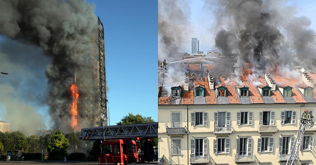 I due palazzi andati a fuoco a Milano e Torino 