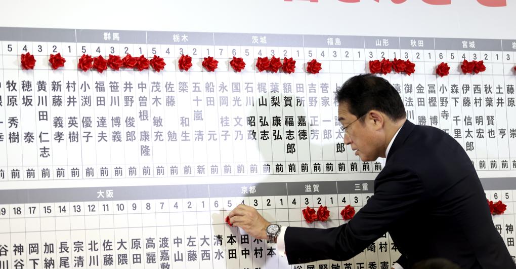 Il premier Fumio Kishida mette  rose con i nomi degli eletti del suo  Partito liberaldemocratico su un tabellone, nel quartier generale di Tokyo 