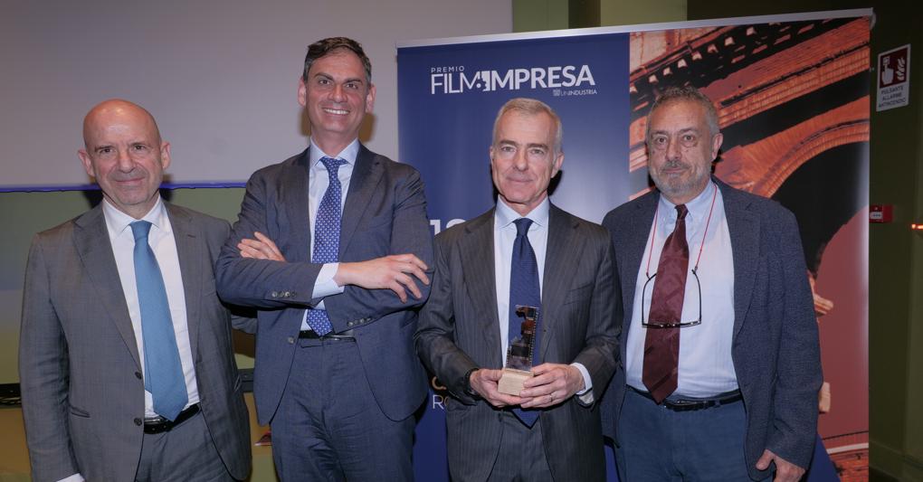 Da sinistra, Angelo Camilli, presidente Unindustria Lazio, Antonio Alunni, presidente del Gruppo Tecnico Cultura di Confindustria, Giampaolo Letta, presidente del Premio Film Impresa,  e Mario Sesti, direttore artistico  del Premio Film Impresa  