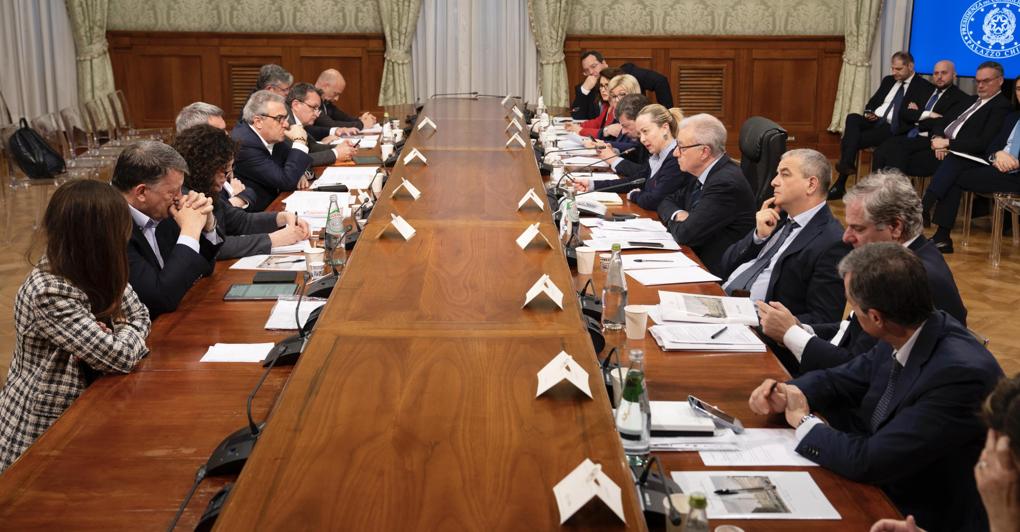  Un momento dell’incontro di ieri della premier Giorgia Meloni con i sindacati sul Dl Lavoro a Palazzo Chigi, a Roma 