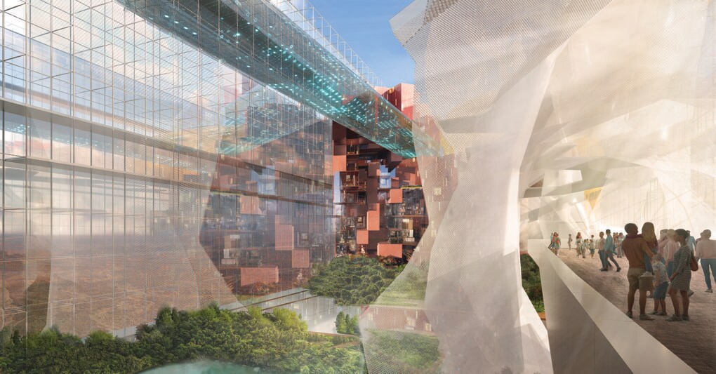 Rendering inediti The Line firmati Studio Fuksas. in alto, la vista di due  “pocket park” sviluppati in altezza  