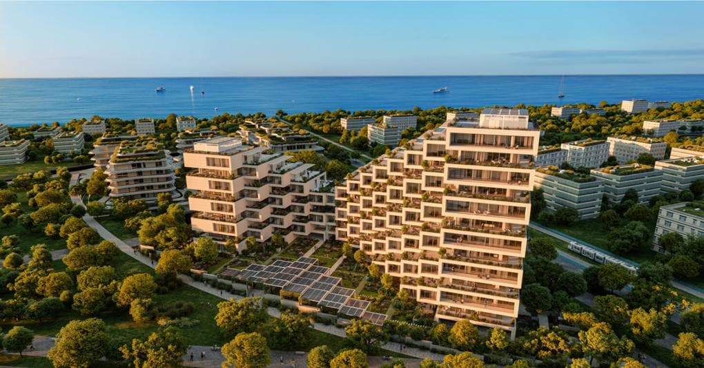 Una vista delle residenze Park Rise firmate Studio BIG, nel nuovo quartiere di The Ellinikon, la smart city in costruzione vicino ad Atene 