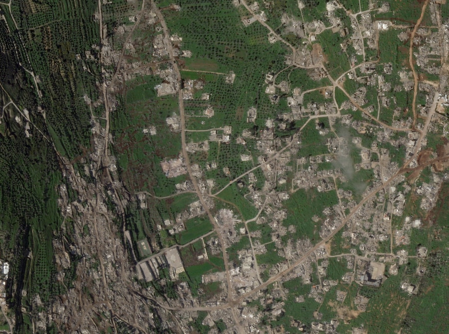 Un'immagine satellitare mostra gli edifici distrutti nel villaggio di Kfar Kila, in Libano, il 7 aprile 2026. 2026 PLANET LABS PBC/Foto fornita tramite REUTERS (via REUTERS)