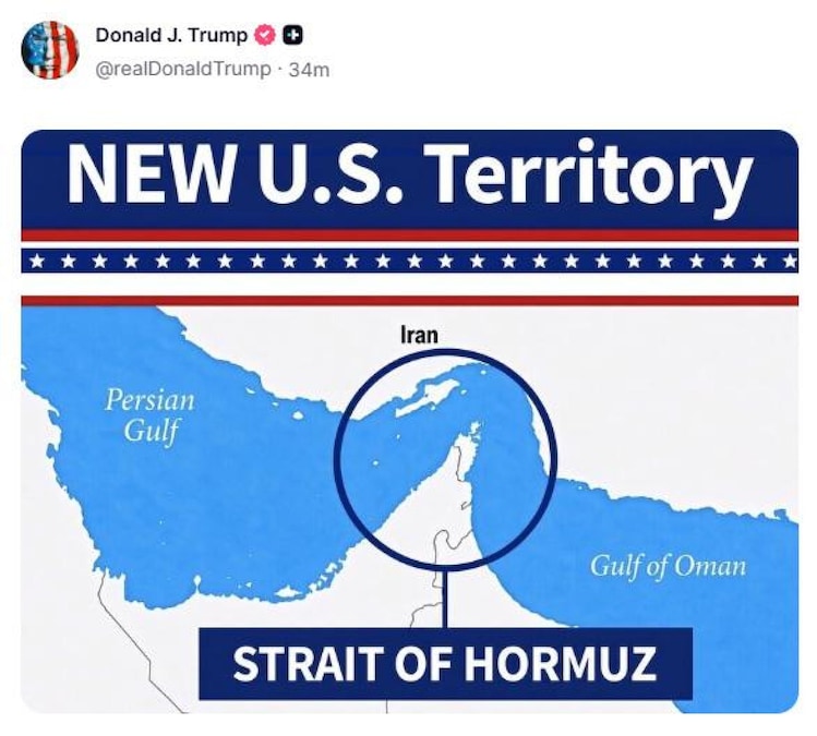 Donald Trump posta su Truth una cartina dello stretto di Hormuz con sovraimpressa la scritta: 'New Us Territory, nuovo territorio statunitense", 18 agosto 2026. TRUTH/realDonaldTrump (ANSA)
