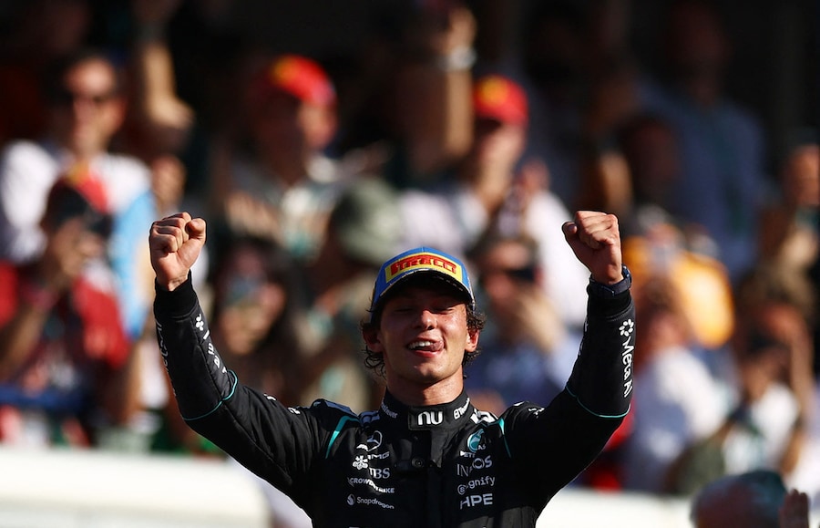 Formula One F1 - Italian Grand Prix - Autodromo Nazionale Monza, Monza, Italy - September 6, 2026 Mercedes' Andrea Kimi Antonelli celebrates on the podium after winning the race, becoming the first Italian driver to win the Grand Prix in 60 years. REUTERS/Claudia Greco (REUTERS)
