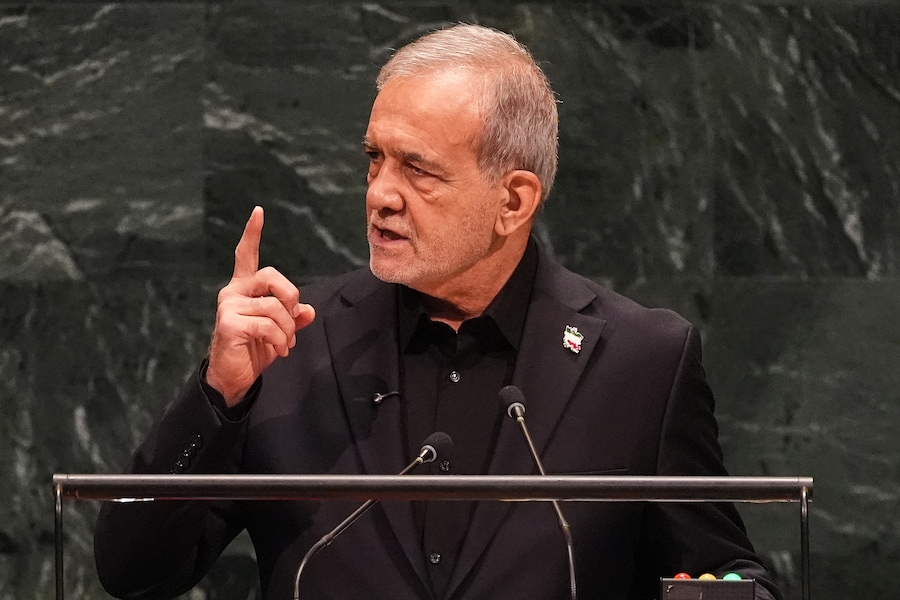 Iran's President Masoud Pezeshkian speaks during the 81st session of the United Nations General Assembly at United Nations headquarters, Wednesday, Sept. 23, 2026. (AP Photo/Heather Khalifa) (Apn)